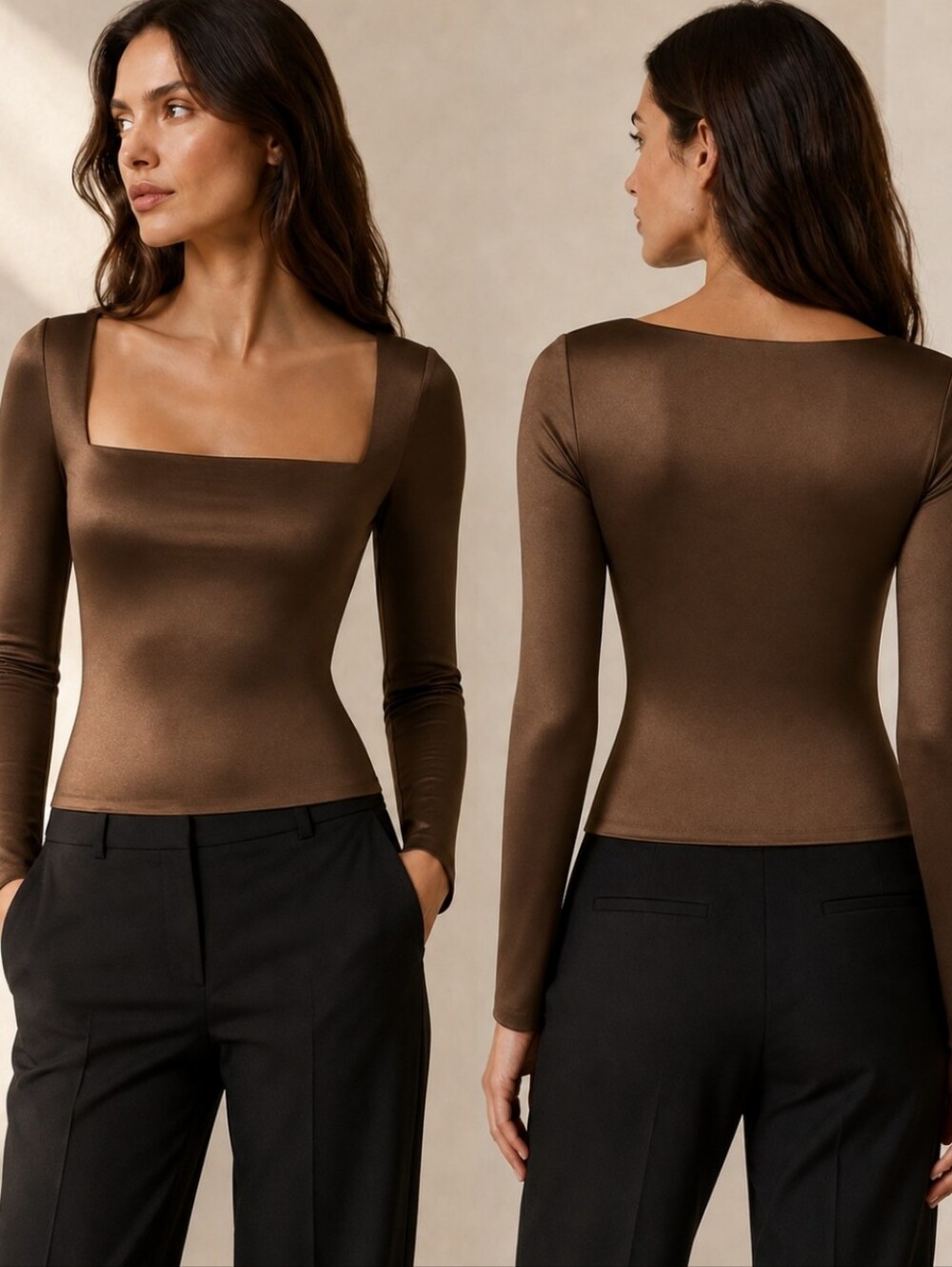 Aritzia Babaton Satinette Squareneck Longsleeve Brown S Espresso Fall Campus
